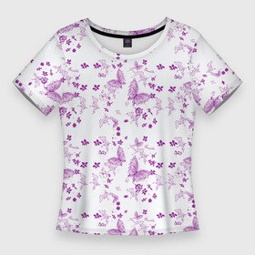 Женская футболка 3D Slim с принтом Butterfly pattern в Новосибирске,  |  | Тематика изображения на принте: background | beautiful | colorful | insect | purple | wings | бабочки | красивый | красочные | крылья | насекомое | узор | фиолетовый | фон