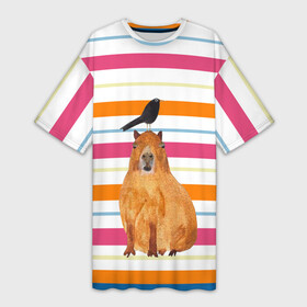 Платье-футболка 3D с принтом Капибара с птичкой в Новосибирске,  |  | capybara | водосвинка | животное | капибара | птица