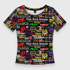 Женская футболка 3D Slim с принтом Best rock ballads в Новосибирске,  |  | ac dc | black sabbath | bon jovi | deep purple | guns n roses | iron maiden | kiss | led zeppelin | nirvana | pink floyd | queen | rolling stones | slayer | the beatles | u2