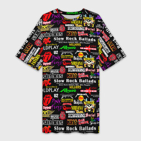 Платье-футболка 3D с принтом Best rock ballads в Новосибирске,  |  | ac dc | black sabbath | bon jovi | deep purple | guns n roses | iron maiden | kiss | led zeppelin | nirvana | pink floyd | queen | rolling stones | slayer | the beatles | u2