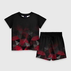 Детский костюм с шортами 3D с принтом Черно красный геометрический в Новосибирске,  |  | Тематика изображения на принте: abstract | black | black and red | geometric | gradient | gray | ombre | polygonal | red | triangles | абстрактный | геометрический | градиент | красный | омбре | полигональный | серый | треугольники | черно красный | черный | черный и красный