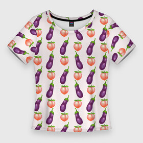 Женская футболка 3D Slim с принтом Баклажаны и персики паттерн в Новосибирске,  |  | баклажан | баклажаны | веганство | еда | овощи | паттерн | персик | персики | фрукты