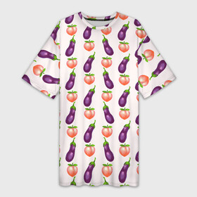 Платье-футболка 3D с принтом Баклажаны и персики паттерн в Новосибирске,  |  | баклажан | баклажаны | веганство | еда | овощи | паттерн | персик | персики | фрукты
