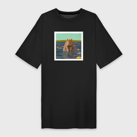 Платье-футболка хлопок с принтом Капибара и мандарины в Новосибирске,  |  | capybara | kapibara | животное | капибара