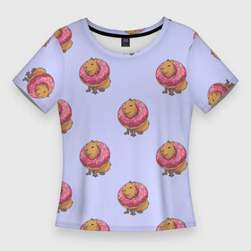 Женская футболка 3D Slim с принтом Капибара в пончике паттерн в Новосибирске,  |  | capybara | kapibara | животное | капибара | пончик | пончики