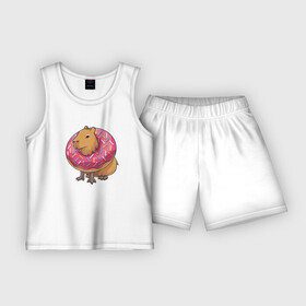 Детская пижама с шортами хлопок с принтом Капибара и пончик в Новосибирске,  |  | capybara | kapibara | животное | капибара