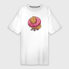 Платье-футболка хлопок с принтом Капибара и пончик в Новосибирске,  |  | capybara | kapibara | животное | капибара