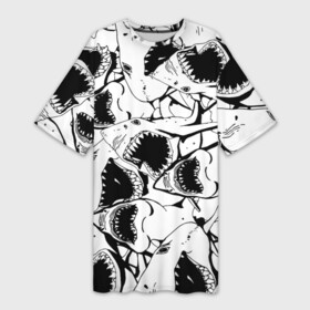 Платье-футболка 3D с принтом Пасти акул  паттерн в Новосибирске,  |  | fin | jaw | pattern | shark | teeth | акула | зубы | пасть | паттерн | плавник