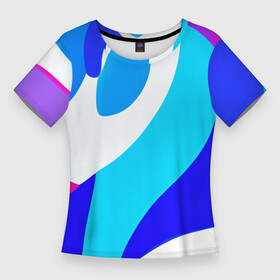Женская футболка 3D Slim с принтом Яркая авангардная абстракция в Новосибирске,  |  | abstraction | blue | bright | energy | multicoloured | pattern | pink | positive | shapes | white | абстракция | белый | паттерн | позитивный | разноцветный | розовый | синий | узоры | фееричный | фигуры | энергичный | яркий