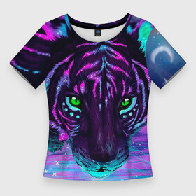 Женская футболка 3D Slim с принтом Светящийся неоновый тигр в Новосибирске,  |  | 3d | 3д | animal | neon | tiger | неон | неоновый тигр | тигр | тигрица