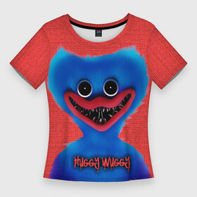 Женская футболка 3D Slim с принтом Хаги Ваги на красном фоне в Новосибирске,  |  | huggy woggy | huggy wuggy | play time | playtime | poppy | poppy playtime | хагги вагги | хаги ваги