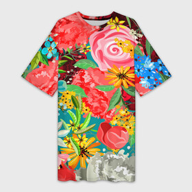 Платье-футболка 3D с принтом Multicolour of flowers в Новосибирске,  |  | beautiful | bright | colorful | floral | green | multicolored | pattern | pink | yellow | букет | желтый | зеленый | красивый | красный | красочный | листья | многоцветный | радуга | разноцветный | розовый | синий | узор | фиолетовый