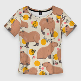 Женская футболка 3D Slim с принтом Милая капибару паттерн в Новосибирске,  |  | capybara | patern | pattern | водосвинка | грызун | грызуны | капибара | капибары | патерн | паттерн