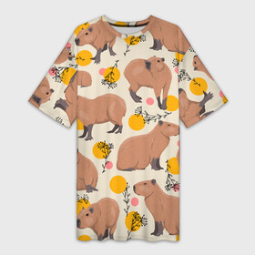 Платье-футболка 3D с принтом Милая капибару паттерн в Новосибирске,  |  | capybara | patern | pattern | водосвинка | грызун | грызуны | капибара | капибары | патерн | паттерн