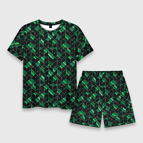 Мужской костюм с шортами 3D с принтом Геометрический узор, зеленые фигуры на черном в Новосибирске,  |  | abstract | black | geometric | geometric pattern | green | green and black | polygons | shapes | striped | stripes | абстрактный | геометрический | геометрический узор | зеленый | зеленый и черный | многоугольники | полосатый | полосы | фигуры