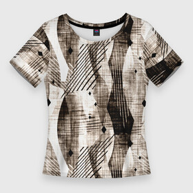 Женская футболка 3D Slim с принтом Абстрактный гранжевый коричнево бежевый в Новосибирске,  |  | abstract | black | brown | brown beige | fashiona | geometric | grunge | lines | mesh | shapes | striped | stripes | white | абстрактный | белый | геометрический | гранжевый | коричнево бежевый | коричневый | линии | модный | молодежный | полосатый