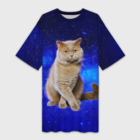 Платье-футболка 3D с принтом Британский кот на фоне звёздного неба в Новосибирске,  |  | british | cat | cats | kitty | британская | британские | британский | кот | котёнок | котик | котята | кошечка | кошка