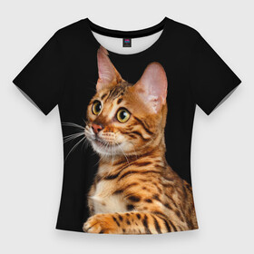 Женская футболка 3D Slim с принтом Бенгальский котёнок на чёрном фоне в Новосибирске,  |  | bengal | cat | cats | kitty | бенгал | бенгальская | бенгальская кошка | бенгальские | бенгальский | кот | котёнок | котята | кошка | леопард | леопардовая | леопардовый