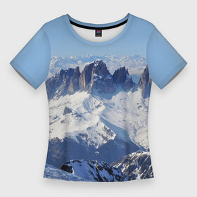 Женская футболка 3D Slim с принтом Гряда снежных вершин в Новосибирске,  |  | glacier | mountains | nature | rocks | sky | snow | горы | ледник | небо | природа | скалы | снег