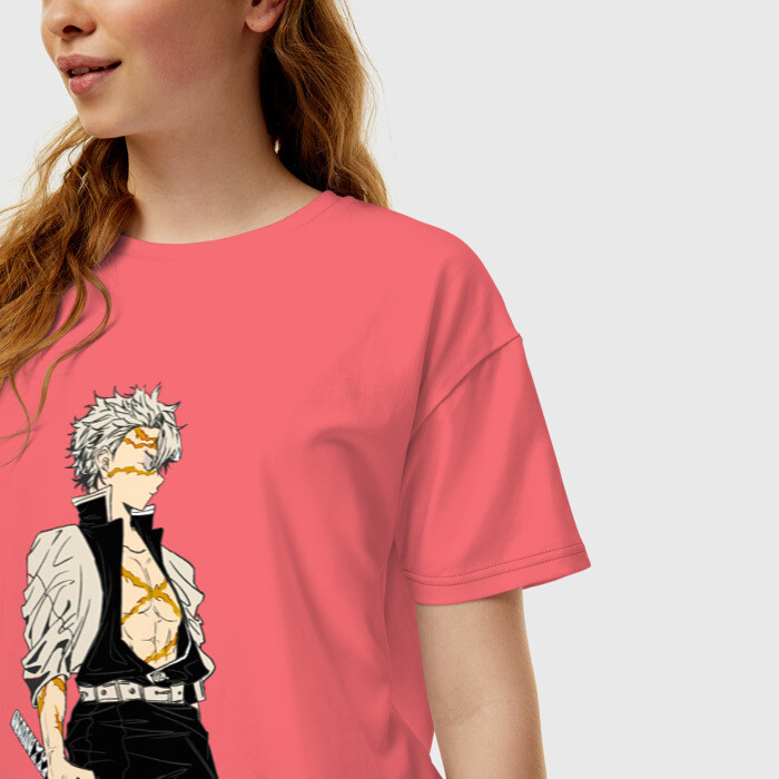 Женская футболка хлопок Oversize Санеми Шинадзугава Kimetsu no Yaiba фото