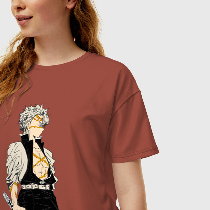 Женская футболка хлопок Oversize Санеми Шинадзугава Kimetsu no Yaiba фото
